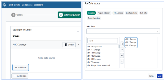 Editing group name during scorecard set up.
Adding indicators to the group¶
Then the user can add indicators by clicking on the Add item button and selecting indicators from the list and moving to the right hand side, click ‘Add button’ to add them to the scorecard.
![