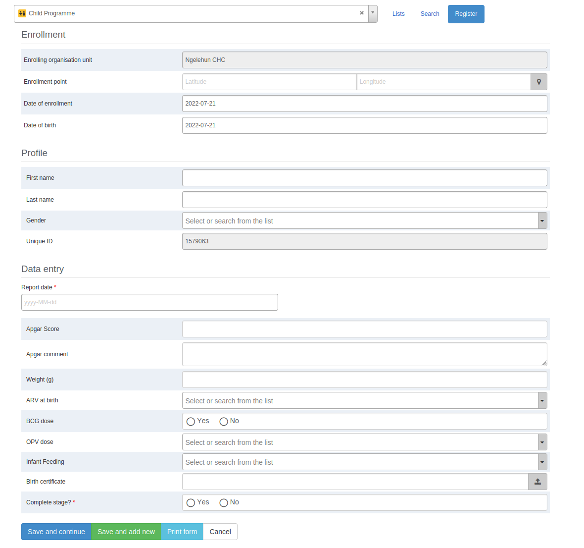 Registration page