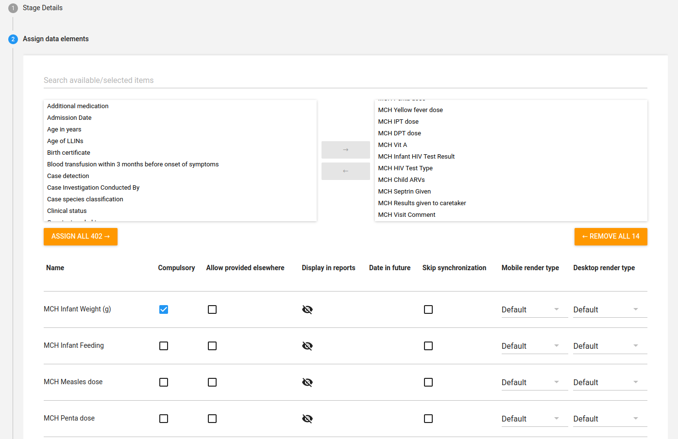 Select program stage data elements